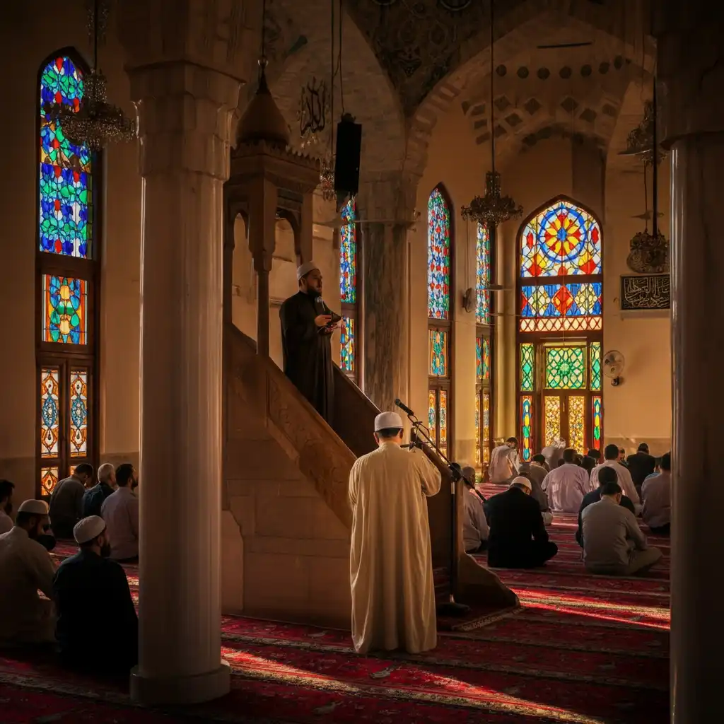 a muslim imam saying friday prayer khutbah